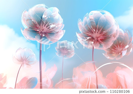 Beautiful flowers with transparent petals against a blue-pink sky with fluffy clouds. Futuristic floral background with glass blooming flowers. Generated by AI. 110280106