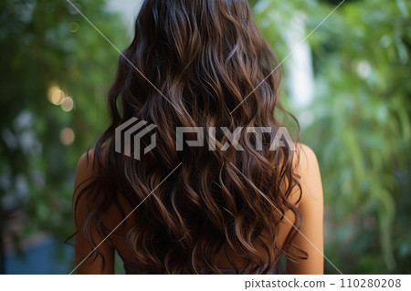 AI-generated content. Long healthy curly dark hair. Natural brunette hair color. Hair care concept. 110280208