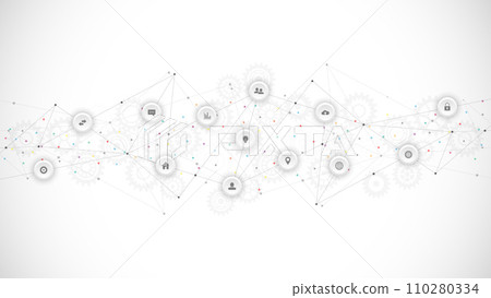 Information technology background with infographic elements and flat icons. Digital technology, network connection and communication concept. Vector illustration. 110280334