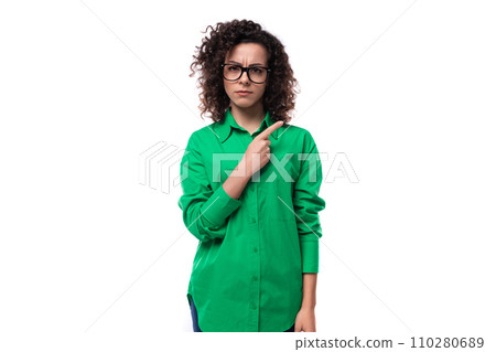 young secretary brunette woman with curly hair dressed in a green shirt young secretary brunette woman with curly hair dressed in a green shirt 110280689
