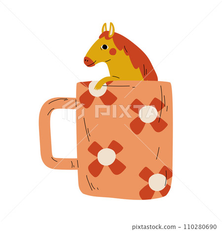 Cute Horse in Teacup, Adorable Little Pony Animal Sitting in Coffee Mug Cartoon Vector Illustration Cute Horse in Teacup, Adorable Little Pony Animal Sitting in Coffee Mug Cartoon Vector Illustration 110280690