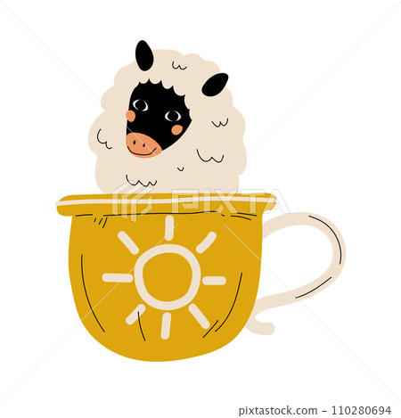 Cute Sheep in Teacup, Adorable Little Lamb Cartoon Animal Character Sitting in Coffee Mug Vector Illustration 110280694