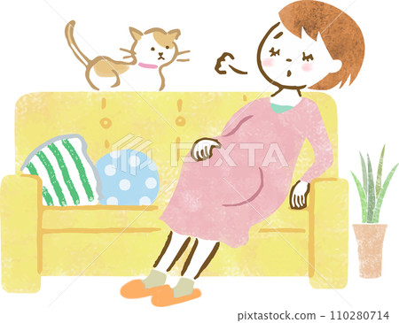 Hand-drawn illustration of a tired pregnant woman and cat resting on the sofa 110280714