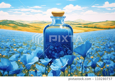 Exquisite blue glass bottle with flax oil. A transparent beautiful flacon with a shiny lid 110280737