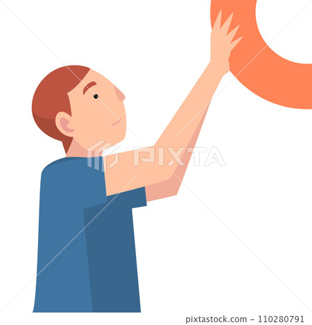 Young Man Holding and Organizing Abstract Curcular Geometric Shape Vector Illustration 110280791