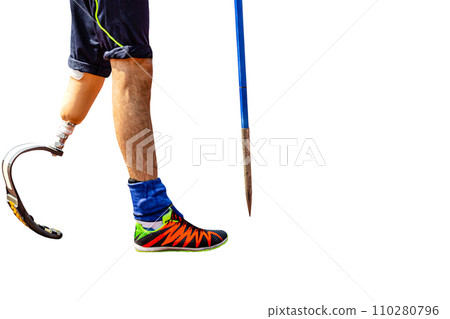 leg on prosthesis male athlete with spear at athletics isolated on white background, summer para sports games 110280796