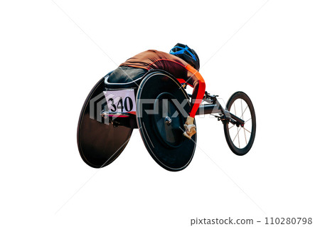 female athlete in wheelchair racing in para athletics race isolated on white background, summer sports games 110280798