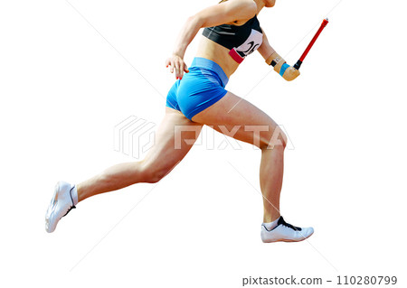 woman para athlete on prosthetic left hand running isolated on white background, summer para athletics games 110280799
