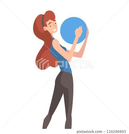 Girl Holding Blue Ball, Young Woman Organizing Circular Abstract Geometric Shape Vector Illustration 110280803