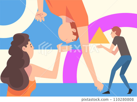 Young People Organizing Colorful Abstract Geometric Shapes, Men and Women Holding Different Figures Vector Illustration Young People Organizing Colorful Abstract Geometric Shapes, Men and Women Holding Different Figures Vector Illustration 110280808