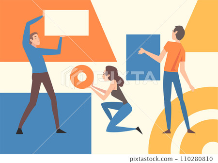 Young People Organizing Colorful Abstract Geometric Shapes, Men and Women Holding Different Figures Vector Illustration Young People Organizing Colorful Abstract Geometric Shapes, Men and Women Holding Different Figures Vector Illustration 110280810