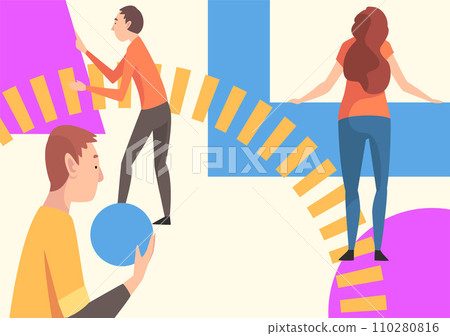 Young People Organizing Colorful Abstract Geometric Shapes, Men and Women Holding Different Figures Vector Illustration Young People Organizing Colorful Abstract Geometric Shapes, Men and Women Holding Different Figures Vector Illustration 110280816