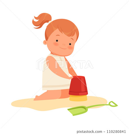 Girl plays in the sand. Vector illustration on a white background. Girl plays in the sand. Vector illustration on a white background. 110280841