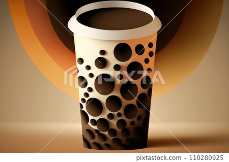 Graphic illustration of a disposable paper cup with a black lid. 110280925