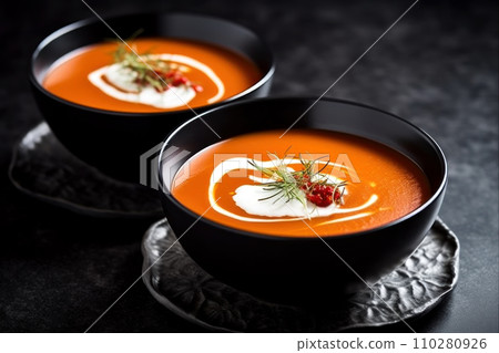 Close-up of a gray clay plate with fresh tomato soup and herbs. 110280926