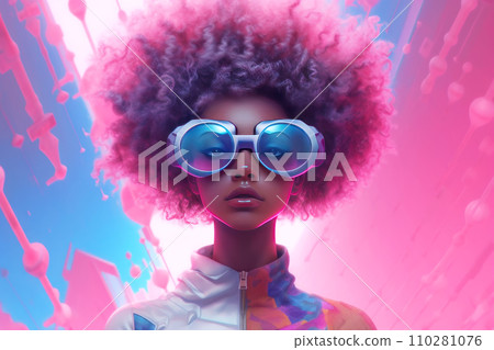 Futuristic portrait of a young attractive woman with pink hair and stylish blue glasses Futuristic portrait of a young attractive woman with pink hair and stylish blue glasses 110281076