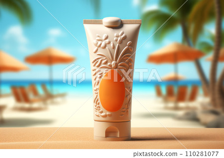 Mock-up of sunscreen on the background of the beach, sea, umbrella and palm trees Mock-up of sunscreen on the background of the beach, sea, umbrella and palm trees 110281077