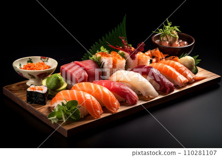 Traditional Japanese dish on a black background. Delicious fresh rolls, sushi, sashimi 110281107
