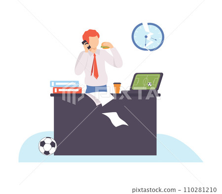 Man stands near the table and talks on the phone. Vector illustration. 110281210