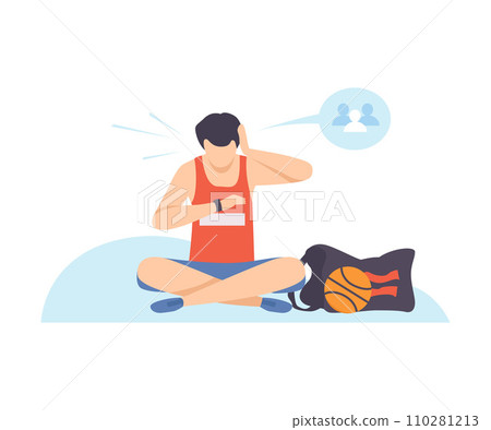 Man in sports shorts is sitting and looking at his watch. Vector illustration. Man in sports shorts is sitting and looking at his watch. Vector illustration. 110281213