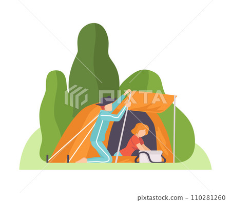 Man and woman in a tent at a campsite. Vector illustration. 110281260