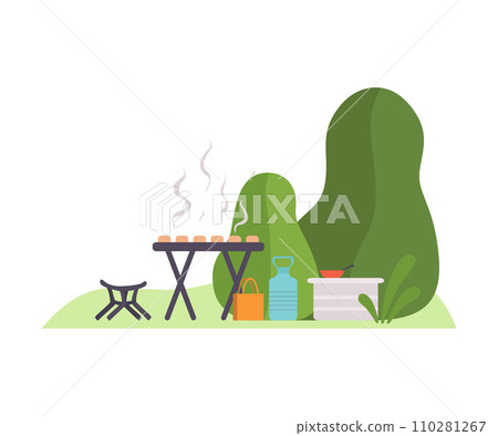 Barbecue on the background of trees at the campsite. Vector illustration. 110281267