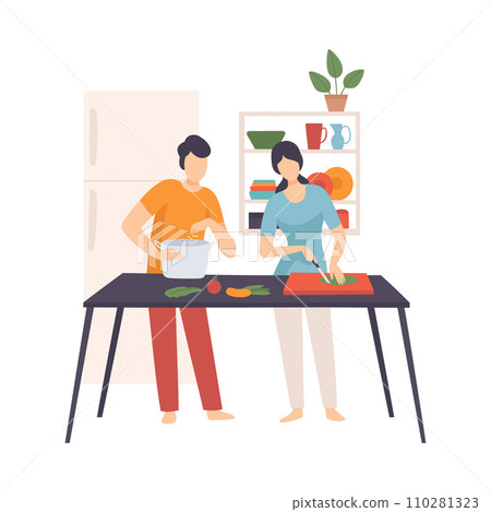 Man and woman cook in the kitchen. Vector illustration. 110281323