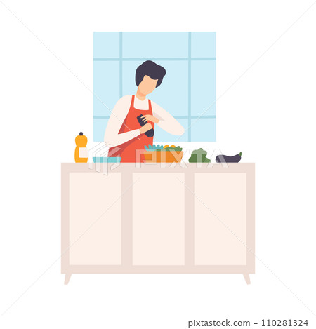 Person in an apron sprinkles salad in the kitchen. Vector illustration. 110281324