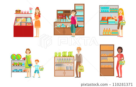 People Shopping at the Supermarket Set, Men and Women Buying Cosmetics, Groceries, Toys, Garden Equipment, Shopping Mall Center Interior Vector Illustration People Shopping at the Supermarket Set, Men and Women Buying Cosmetics, Groceries, Toys, Garden Equipment, Shopping Mall Center Interior Vector Illustration 110281371
