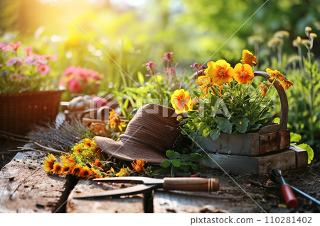 Sunlit garden with gardening tools, plants and flowers 110281402