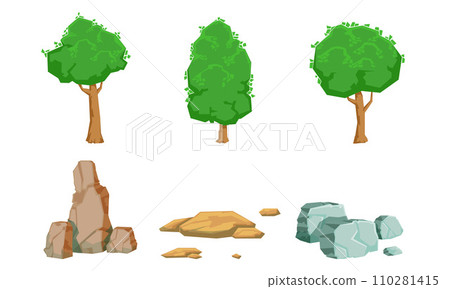 Nature Landscape Elements Set, Summer Trees and Stones Vector Illustration 110281415