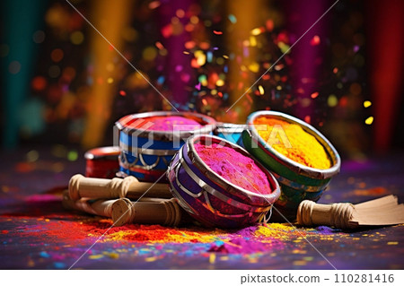 Colorful pots and drumms with Holi powder, Indian festival of colors 110281416