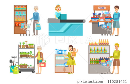 People Shopping at the Supermarket Set, Men and Women Buying Products on Shelves, Shopping Mall Center Interior Vector Illustration 110281431