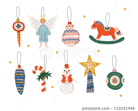 Christmas Three Decorative Elements Hanging on Ribbons Set, Traditional New Year Baubles Collection Vector Illustration Christmas Three Decorative Elements Hanging on Ribbons Set, Traditional New Year Baubles Collection Vector Illustration 110281446
