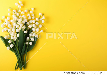 Lily of the valey bunch on yellow background top view Lily of the valey bunch on yellow background top view 110281450