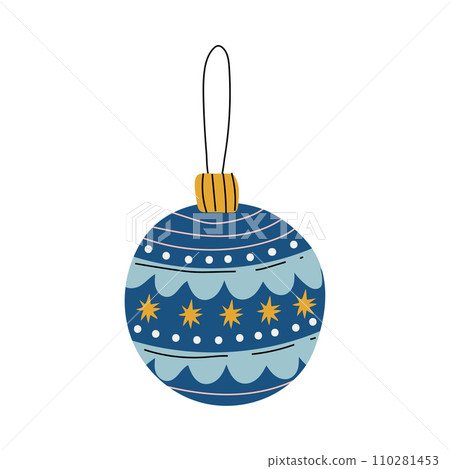 Blue Bauble Ball Traditional Christmas Decoration, New Year Decorative Element Hanging on Ribbon Vector Illustration 110281453