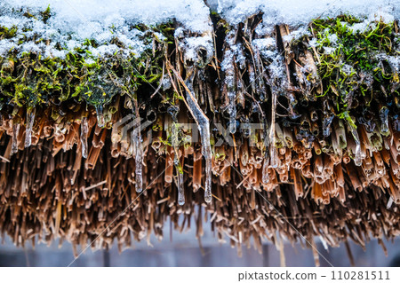 Icicles on the reed roof of an old wooden house. Spring, thaw. Icicles on the reed roof of an old wooden house. Spring, thaw. 110281511