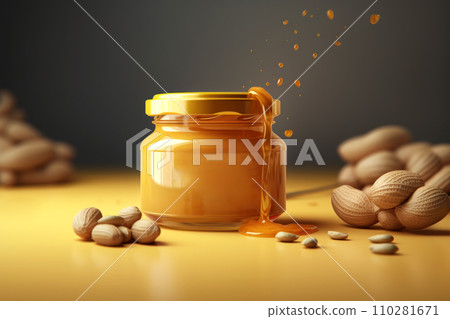 Illustration with a glass jar of peanut butter on a gray background. Generated by AI. Illustration with a glass jar of peanut butter on a gray background. Generated by AI. 110281671