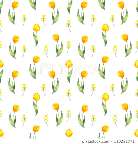 Seamless yellow tulip pattern.Background of botanical yellow flowers. Watercolor illustration. Texture for packaging, printing on fabric, paper. Hand drawn art isolated. Seamless yellow tulip pattern.Background of botanical yellow flowers. Watercolor illustration. Texture for packaging, printing on fabric, paper. Hand drawn art isolated. 110281771