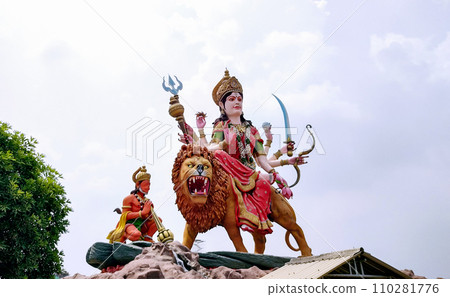 Statue of Maa Vaishno Devi beautiful image of maa durga with lion sitting with hanumaan Statue of Maa Vaishno Devi beautiful image of maa durga with lion sitting with hanumaan 110281776