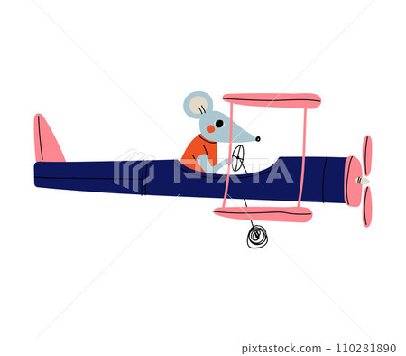 Mouse Pilot Flying on Retro Plane in the Sky, Cute Animal Character Piloting Airplane Vector Illustration 110281890