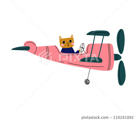 Cat Pilot Flying on Retro Plane in the Sky, Cute Animal Character Piloting Airplane Vector Illustration 110281892