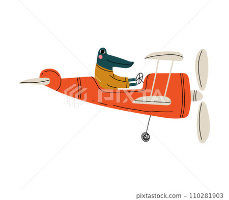 Crocodile Pilot Flying on Retro Plane in the Sky, Cute Amphibian Animal Character Piloting Airplane Vector Illustration Crocodile Pilot Flying on Retro Plane in the Sky, Cute Amphibian Animal Character Piloting Airplane Vector Illustration 110281903