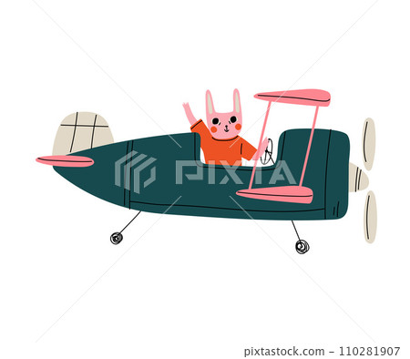 Bunny Pilot Flying on Retro Plane in the Sky, Cute Animal Character Piloting Airplane Vector Illustration 110281907