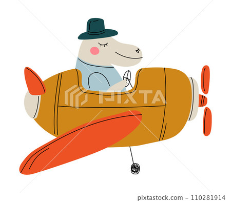Hippo Pilot Flying on Retro Plane in the Sky, Cute Animal Character Piloting Airplane Vector Illustration Hippo Pilot Flying on Retro Plane in the Sky, Cute Animal Character Piloting Airplane Vector Illustration 110281914