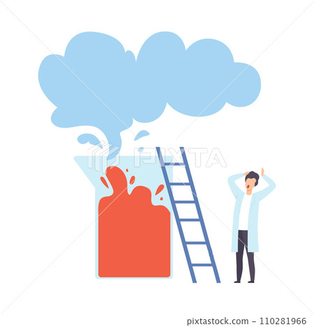 Frightened scientist next to a liquid in a jug. Vector illustration. 110281966