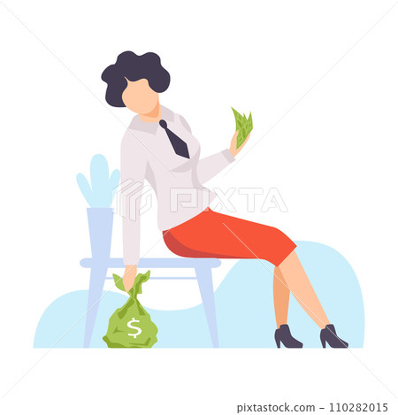 Women hides a bag of money under a chair. Vector illustration. 110282015