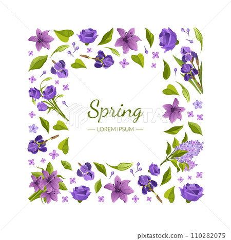 Floral Square Frame with Beautiful Spring Flowers, Design Element Can Be Used for Flyer, Invitation, Poster, Banner, Greeting Card Vector Illustration 110282075