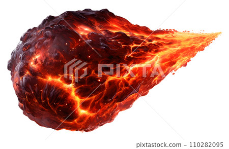 A brilliant flaming meteor with glowing molten tail streaking across the night sky, isolated on a transparent background. AI Generated 110282095