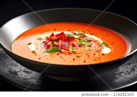 Close-up of a gray clay plate with fresh tomato soup and herbs. 110282103